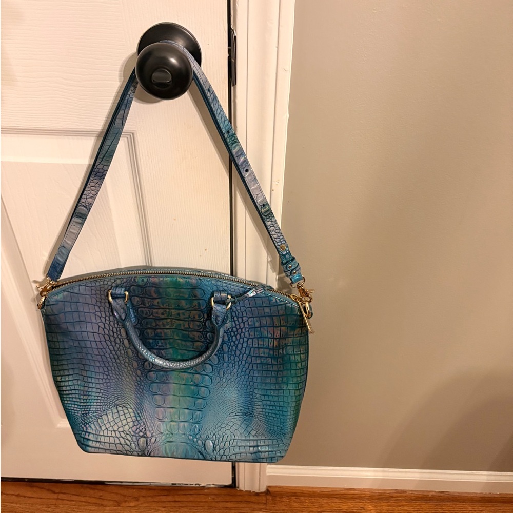 Brahmin Iridescent Teal Blue Croc-Embossed Satchel - Picture 9 of 11
